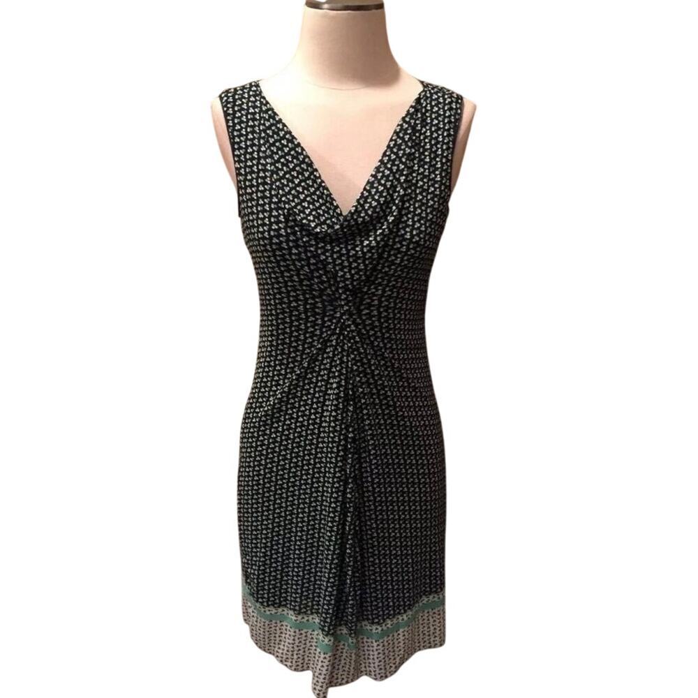 Max Studio Large Sleeveless Drape Neck Navy White Green Print Jersey Dress